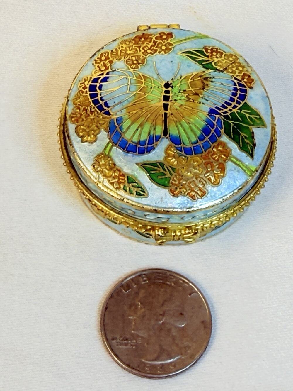 Vtg Cloisonné Butterfly Trinket Box Round Blue Enamel Brass Keepsake